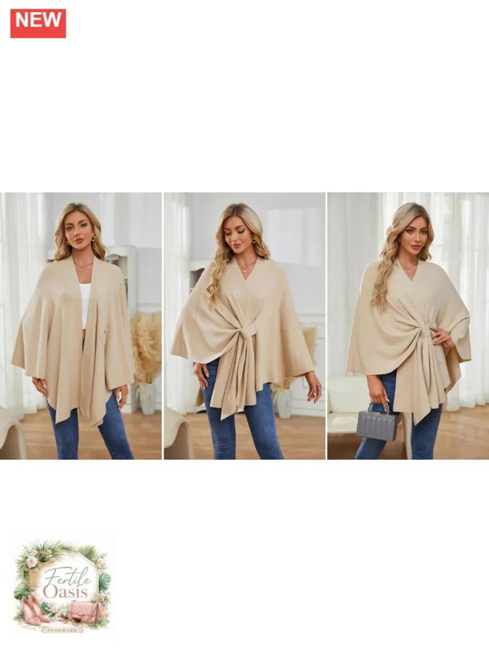 Elegant Open Front Poncho Shawl Wrap Cardigan Soft Double Knit Sweater
